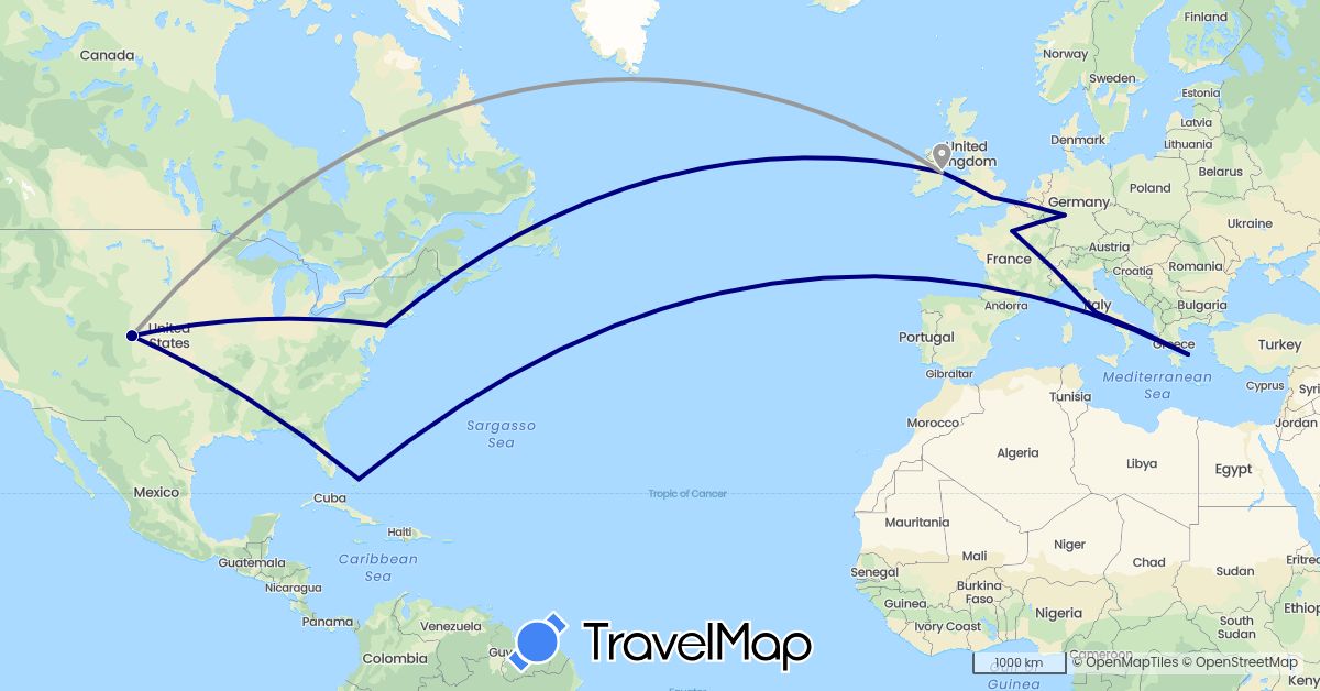 TravelMap itinerary: driving, plane in Bahamas, Germany, France, United Kingdom, Greece, Ireland, Italy, United States (Europe, North America)
